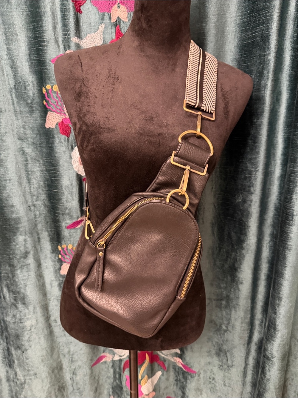 Leather Crossbody Sling Bag in Dark Brown with Striped Strap